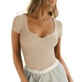 thumbnail image 2 of Women'S Short Sleeve T-Shirts Form Fitting Ribbed Knit V Scoop Neck Basic Crop Top Apricot M, 2 of 9