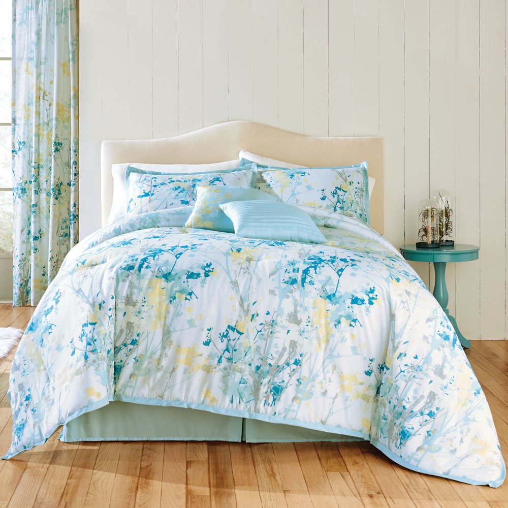 BrylaneHome Funky Floral 6 Piece Comforter Set Queen, Seafoam Multi