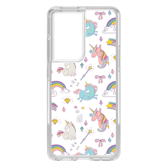 DistinctInk Clear Shockproof Hybrid Case for Galaxy S21 ULTRA 5G (6.8" Screen) - TPU Bumper, Acrylic Back, Tempered Glass Screen Protector - Unicorn Rainbow Wand Pattern - White