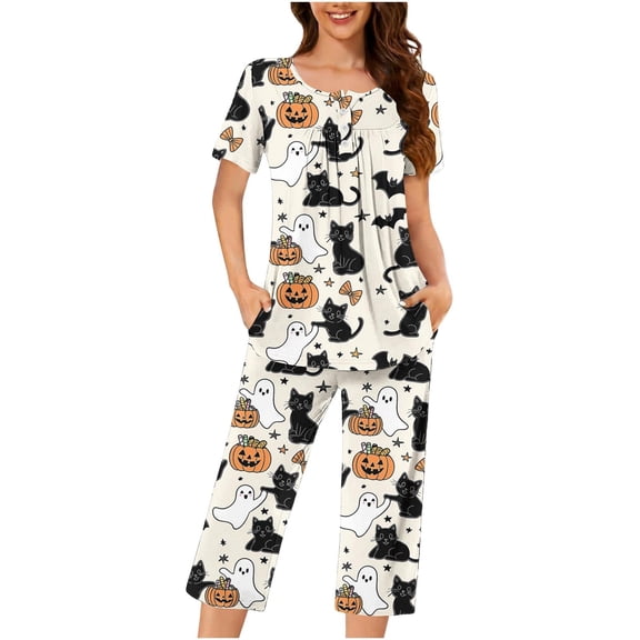 Womens Pajama Set Short Sleeve Halloween Pumpkin Ghost Bat Print Night Comfort Pajama Cute Two Piece Sleepwear Nightwear Sleep Set