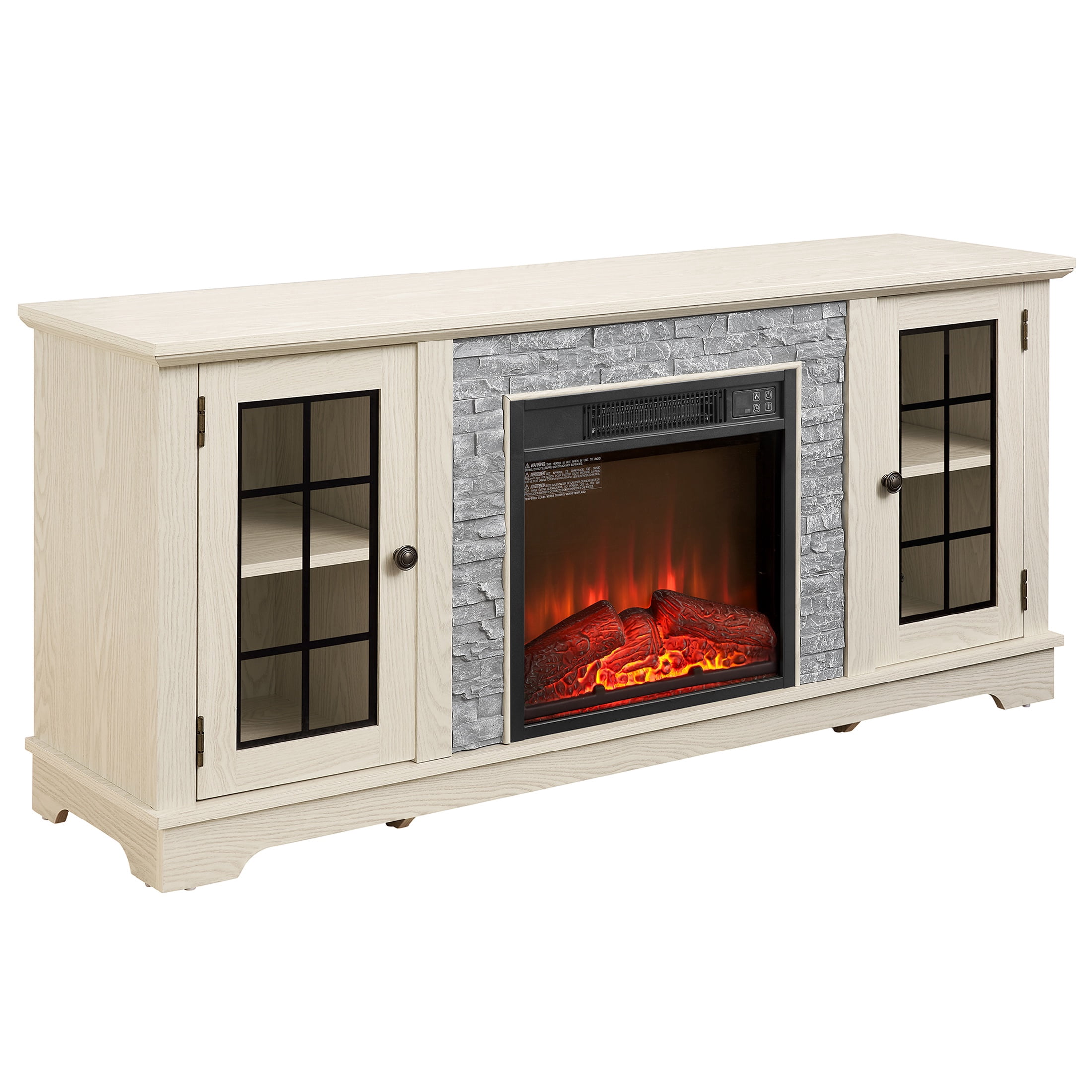 Electric Fireplace TV Stand for 65″ TVs, UHOMEPRO Fireplace Entertainment Center TV Console Table with 18″ Fireplace, 2-Door Storage Cabinets, Holds up to 200 lbs, White