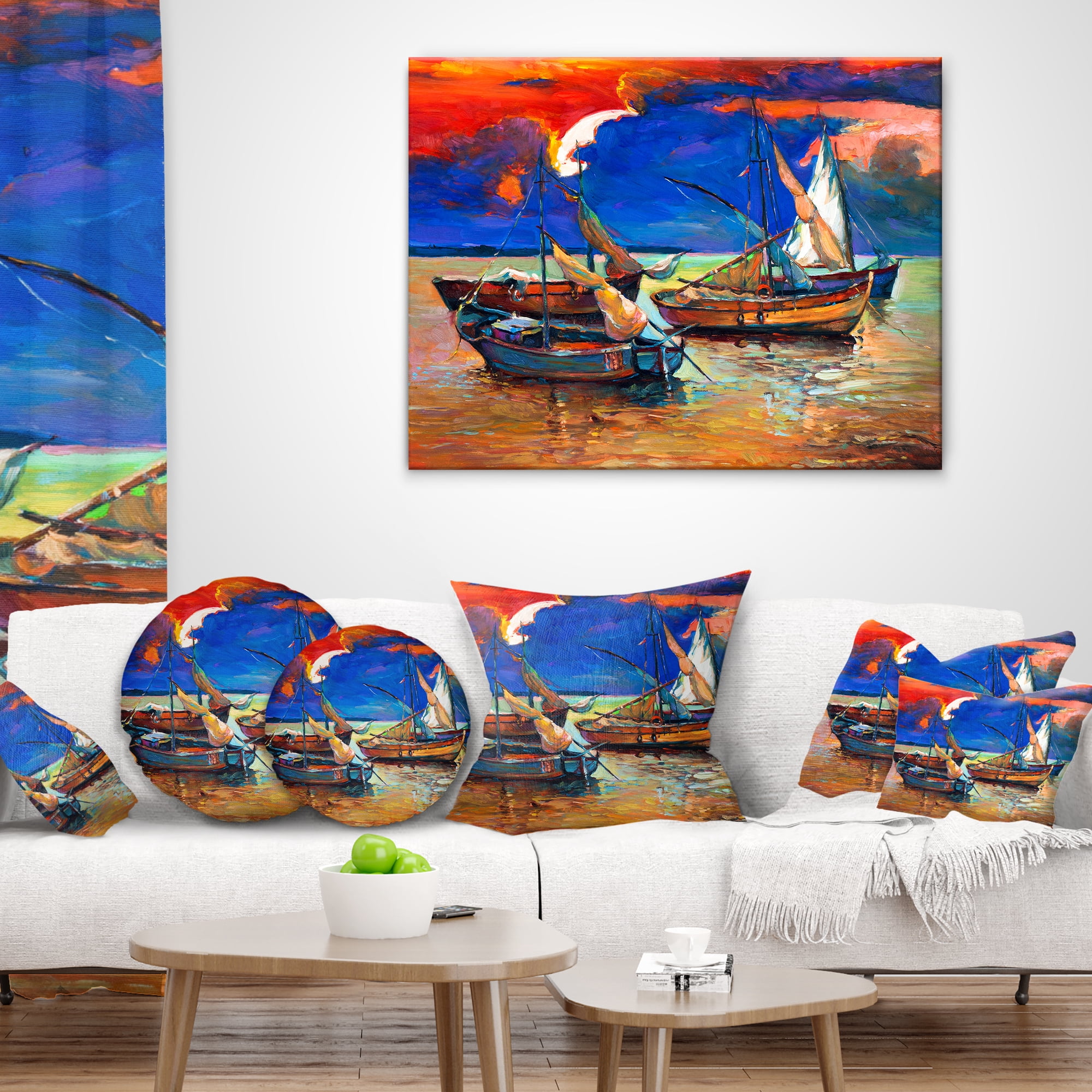 Designart Fishing Boats Under Blue Sky - Seascape Throw Pillow - 18x18