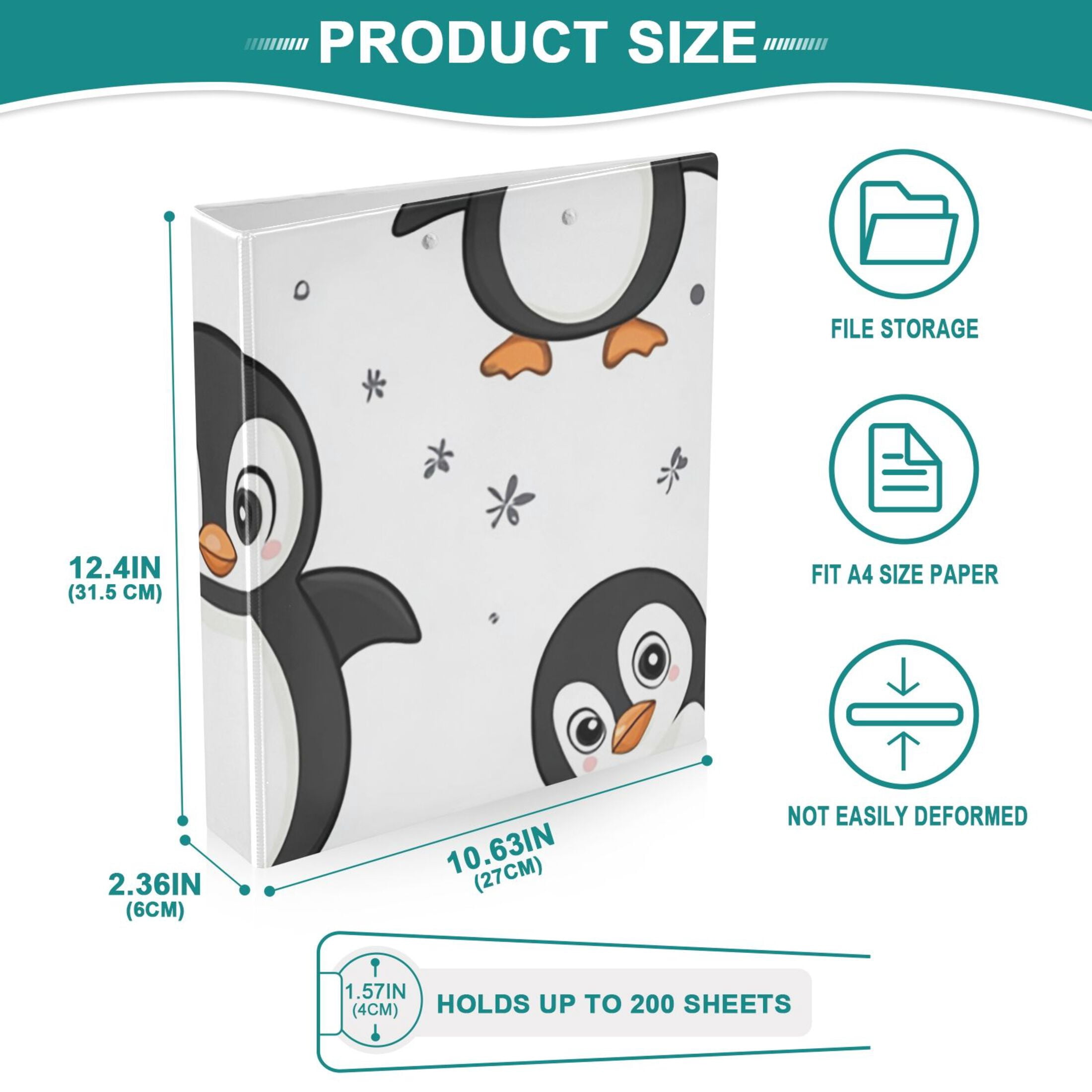 Penguins Cute 3 Ring Binders 1.5 inch Hardcover File Folders with Interior Pockets A4 Size Organizer for School Office Hospital