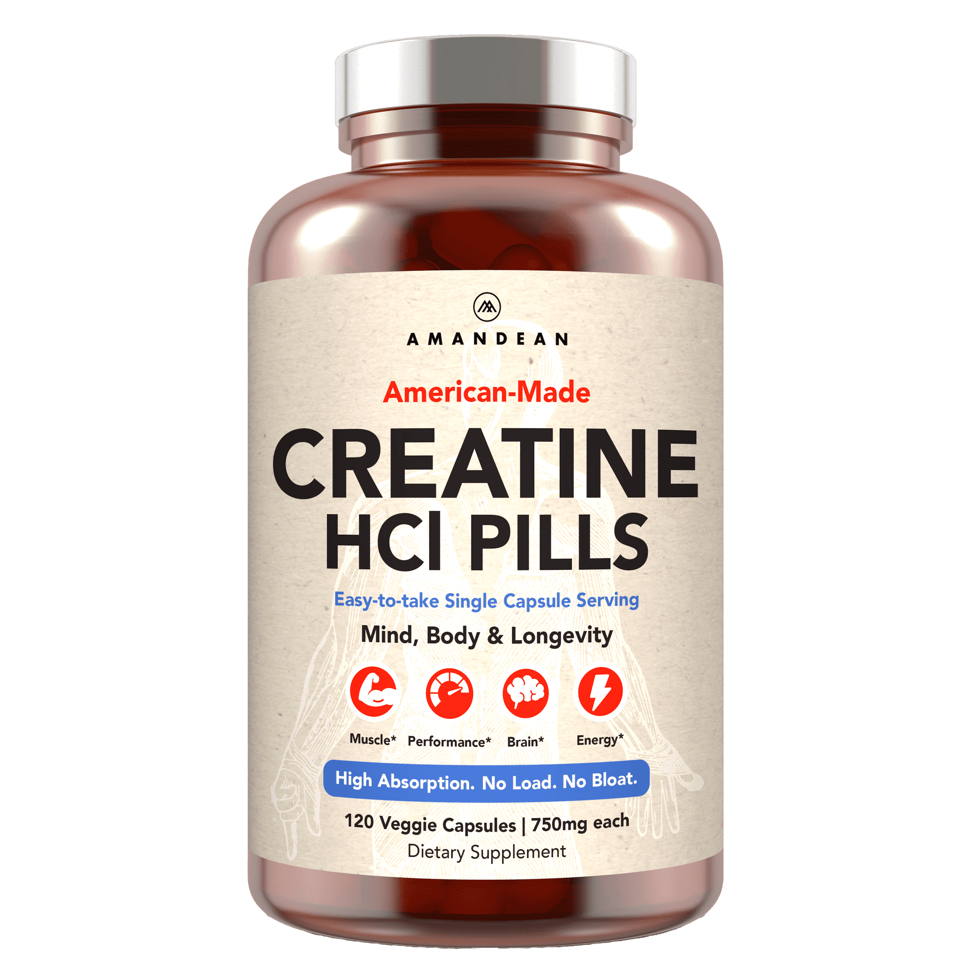 Amandean Creatine HCl Pills. 120 Count. USA Made CON-CRET. 1 Capsule Equals 5g of Monohydrate Powder. No Bloat Creatine for Women. Supports Muscle Growth, Energy, Cognitive Function, Performance