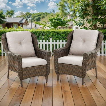 POCASSY Set of 2 Outdoor Accent Lounge Chairs with Cushions, Patio Wicker Chairs with Brown PE Wicker Rattan for Porch, Deck, Backyard, Beige