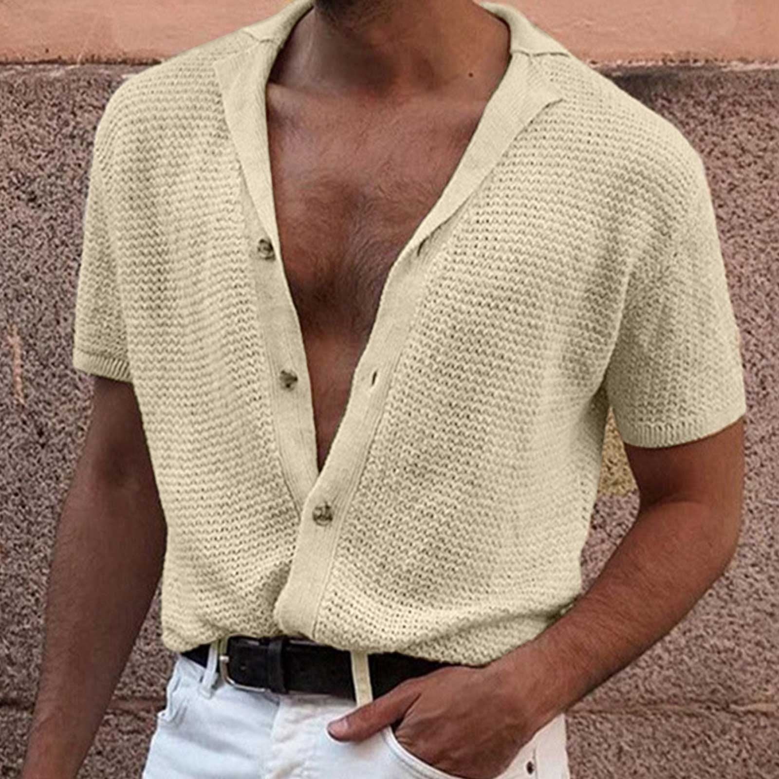 Mens Crochet Tops Summer Short Sleeve Knit Polo Shirts Casual Plain Button  Down Shirts Business Sweater T-shirts - Walmart.com