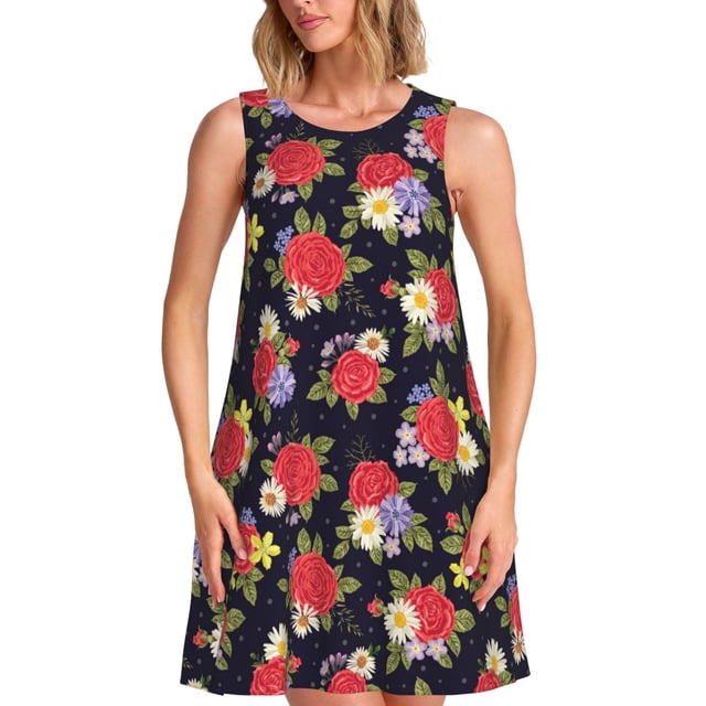 Balery Red Rose Flower Vestidos de verano para mujer con estampado: vestido holgado sin mangas, vestido playero informal y cómodo para días calurosos.