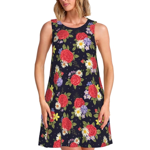 Balery Red Rose Flower Vestidos de verano para mujer con estampado: vestido holgado sin mangas, vestido playero informal y cómodo para días calurosos.