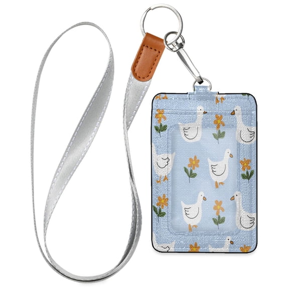 PU Leather Badge Holder Lightweight ID Card Holder with Window Pocket White Duck and Yellow Flower