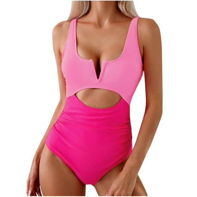 Traje de baño de una pieza para mujer, conjuntos de bikini para mujer, bikinis de nailon con tirantes y escote en V, diseño de bloques de color, espalda descubierta y cuello plegable.
