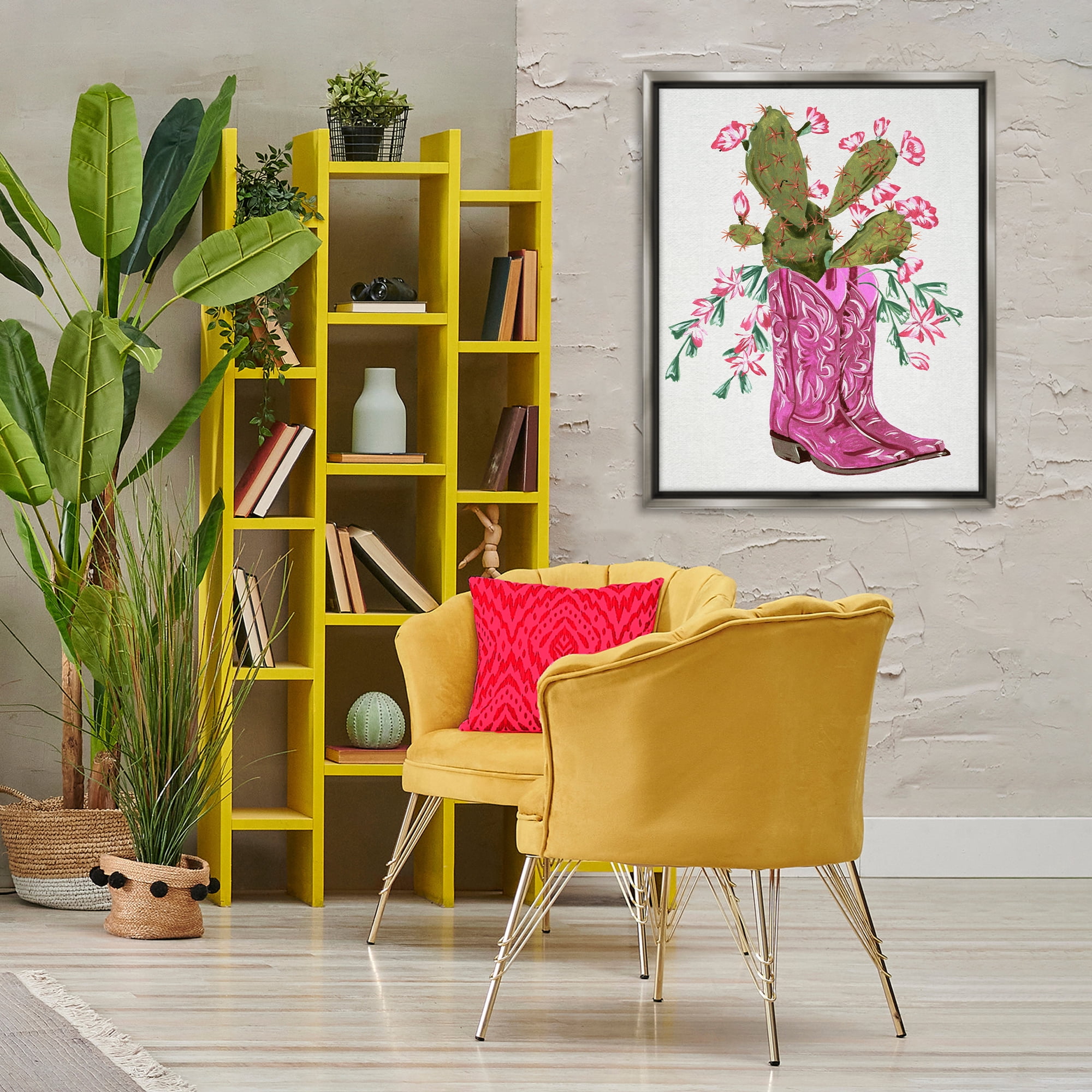 Stupell Industries Pink Accent Cactus & Boots Plants & Flowers Painting Gray Floater Framed Canvas Art Print Wall Art, 25 x 31