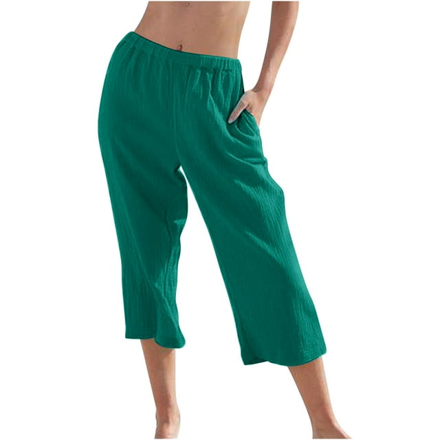 Timegard Womens Capri Pants Wide Leg Elastic Waisted Solid Color Lounge Pants with Pockets Crop Pants