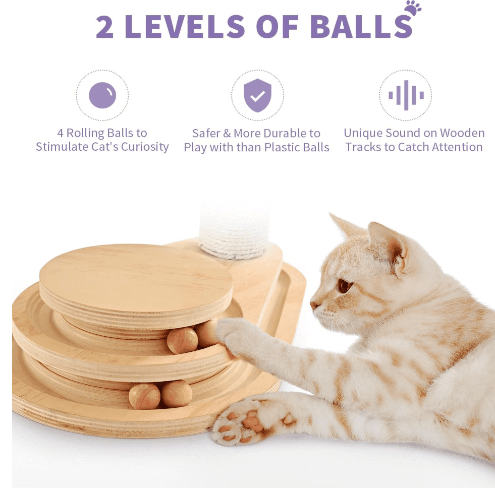 Cat Scratching Post Cat Scratcher Kitten Toys for Indoor Cats Wooden Ball Track Two-Layer Modern Sisal 17.7" Tall Scratch Post Interactive Toy with Dangling Ball