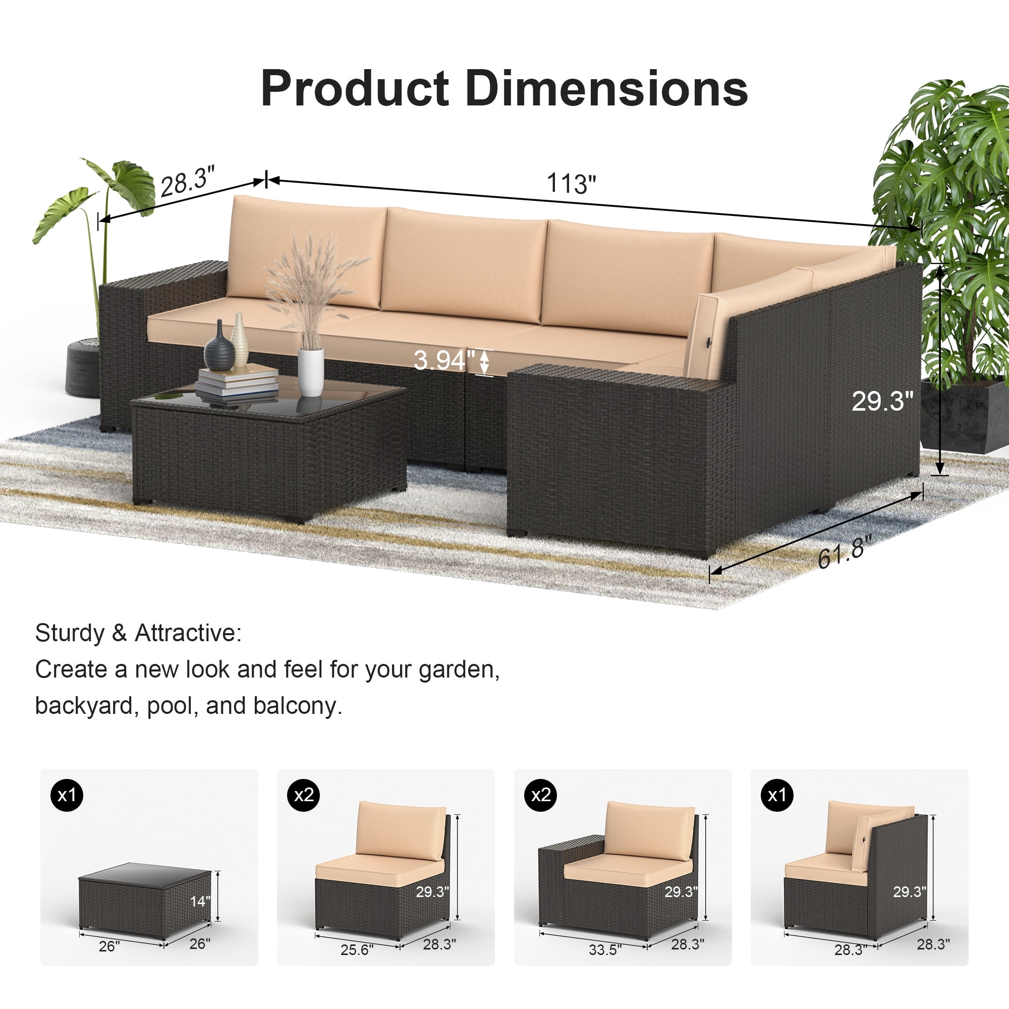 GOJOOASIS 6 Pieces Patio Furniture Set Outdoor Wicker Sectional Sofa With Cushion And Glass Table for Porch
