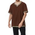 thumbnail image 4 of Short Sleeve Renaissance Top, V Neck Medieval Renaissance Tunic Top, Decorative Trim Short Sleeve Viking Peasant Cosplay Shirt for Larp Halloween Party,Earth Tone Casual Historical Top, Coffee M, 4 of 4