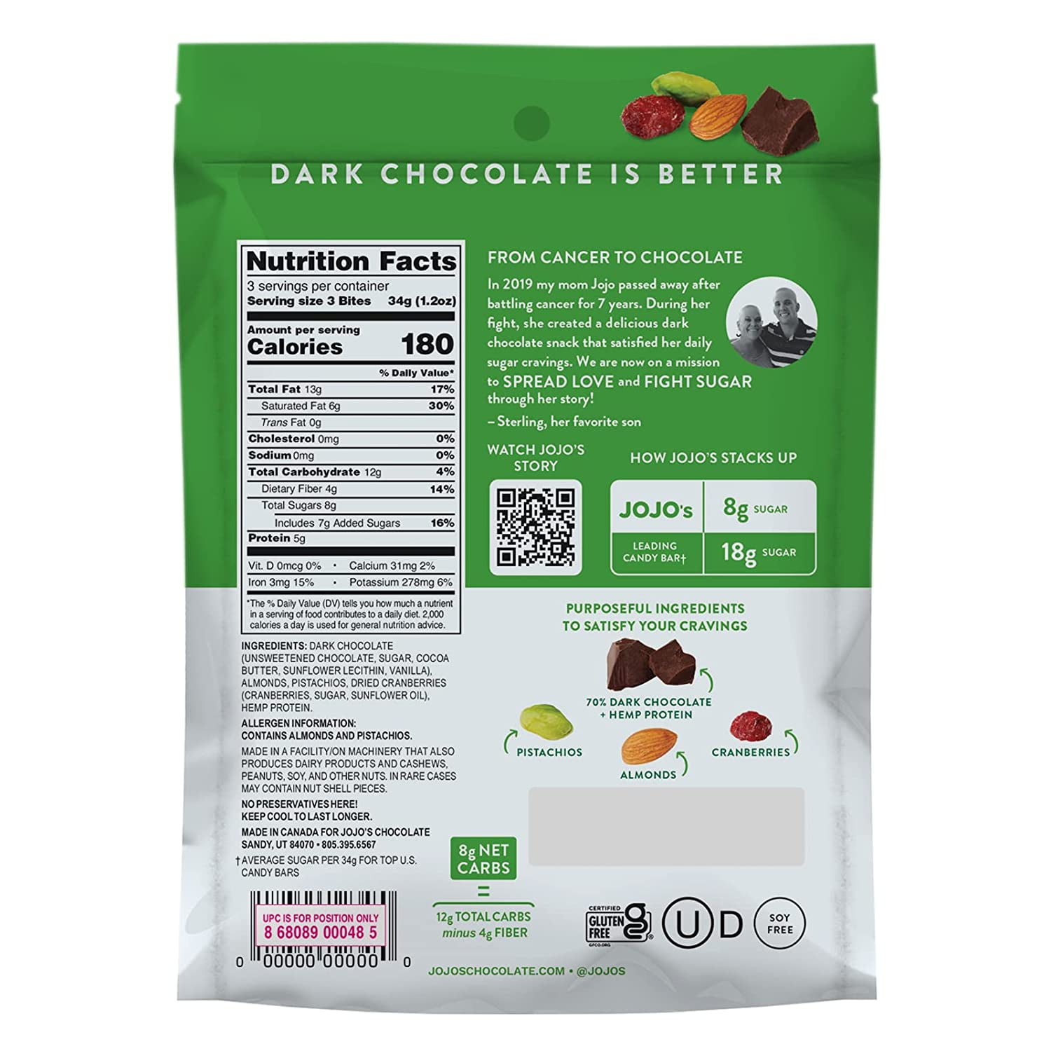JOJO's Chocolate Original Vegan Dark Chocolate Candy Bars, 3.9 oz Pack Of 6