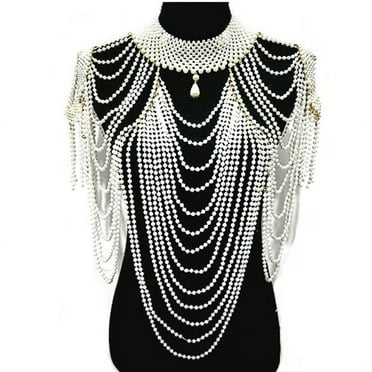 Women Imitation Pearl Body Statement Necklace Teardrop Pendant Beaded Collar Bib Layered Tassel Jewelry Shoulder Chain