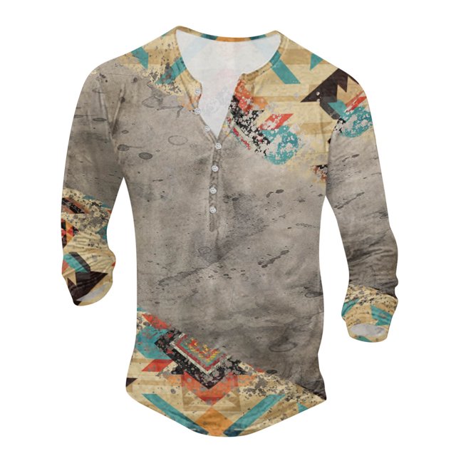 T-Shirts Male Patchwork Color Crew Neck Button Up Large Size Digital Printed Long Sleeve Men Shirts Khaki XXL