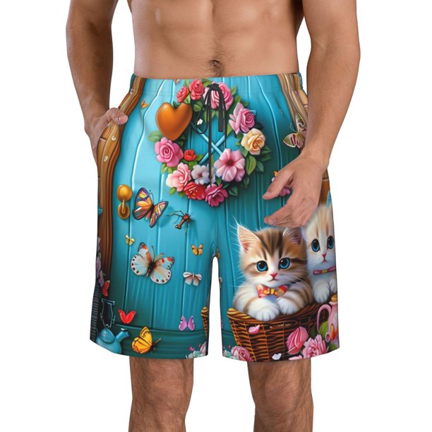 Fotbe Whimsical Cats and Flowers Scene Trajes de Baño Estampados para Hombre, Shorts de Verano de Secado Rápido, Ropa de Playa, Bañadores-3X-Large