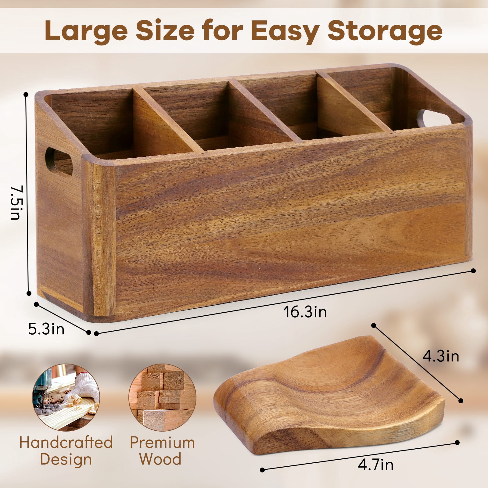 WETRBWEH Wooden Kitchen Utensil Holder with Spoon Rest, Extra Large Acacia Wood Utensil Organizer for Counter with 4 Compartments, Rustic Container