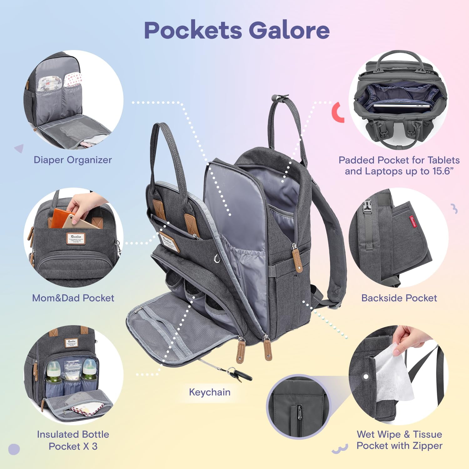 Diaper Bag Backpack, Multifunction Travel Pack Maternity Baby Changing Bags, Large acity, Waterproof, Dark Gray | Multifunction, Travel Pack, Maternity, Baby Changing Bags, Waterproof