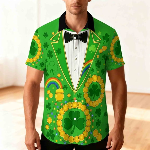 St Patrick's Day Shirts for Men Oversized Clovers Irish Shamrocks Printed Button Down Lapel Short Sleeve T Shirt Summer Casual Vacation Hawaiian Beach Blouse Top