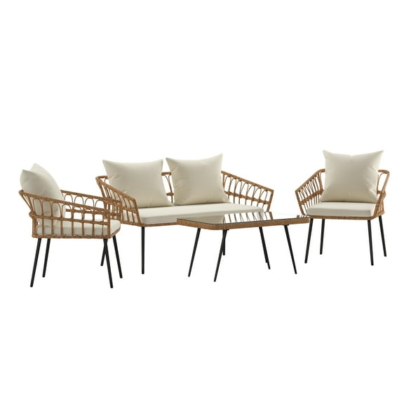 Flash Furniture Evin Boho 4 Piece Indoor/Outdoor Rope Rattan Patio Conversation Set with Tempered Glass Top Coffee Table and Cream Cushions, Natural
