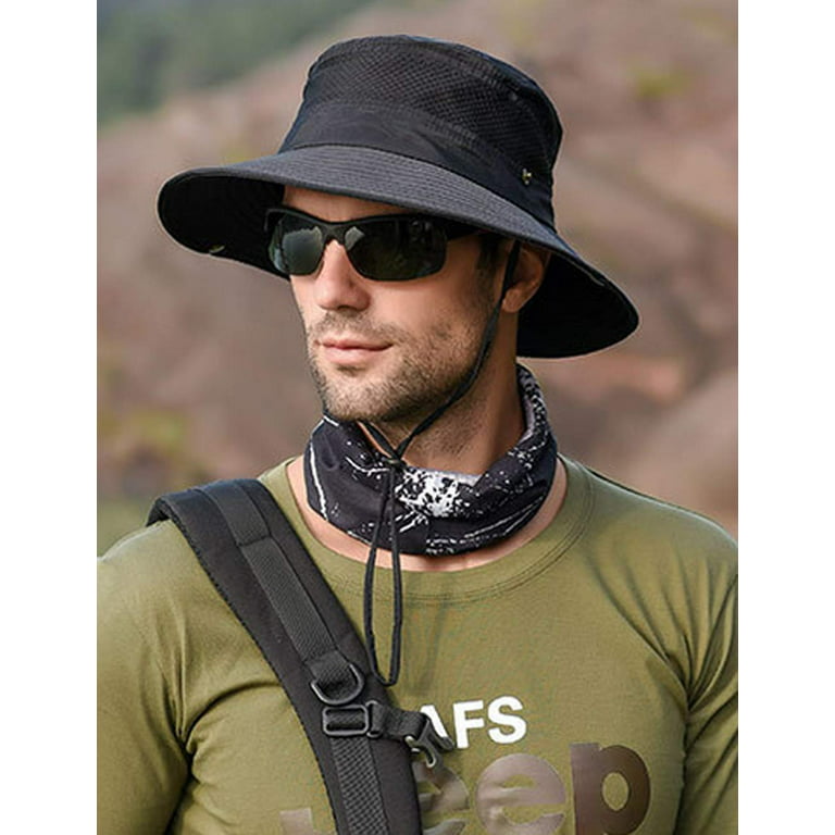 Men Women Sun Hats Unisex Sun Protection Wide Brim Bucket Hats Mesh  Breathable Fishing Hat with Button and Adjustable Chin Strap 