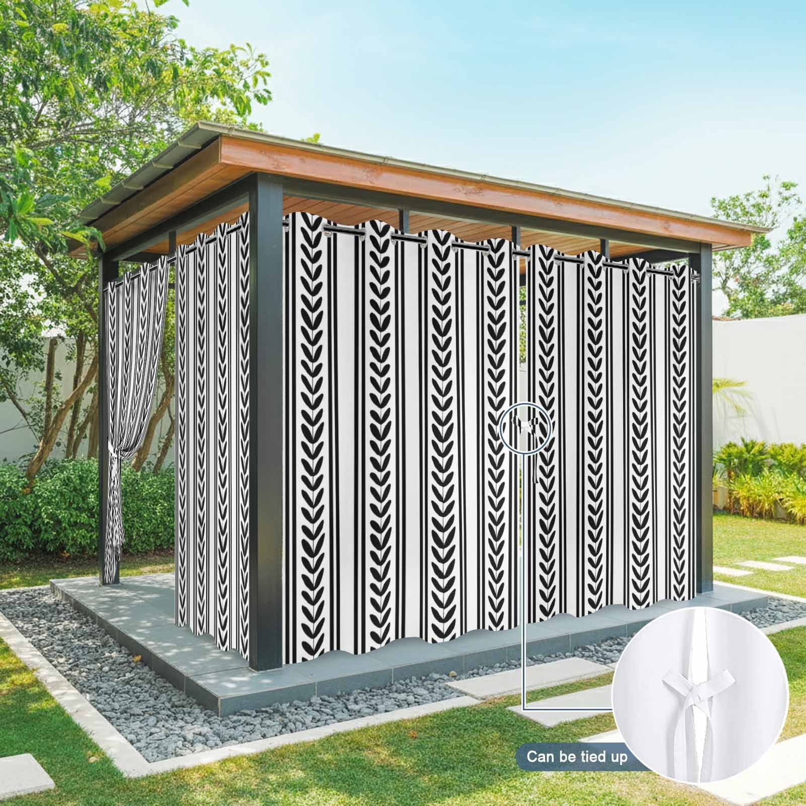 Black Leaves Striped Outdoor Curtains for Patio, Rustic Farmhouse Country Stripe Modern Sunshade Privacy Drapes Grommet Waterproof Outside Curtains for Porch/Cabana/Balcony 54"x 108", 1 Panel