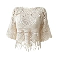 thumbnail image 5 of Women's Crochet Lace Beach Cover Up, 3/4 Sleeve Fringe Hem Hollow Out Loose Fit Poncho Top for Summer Vacation, Beige One Size, 5 of 6