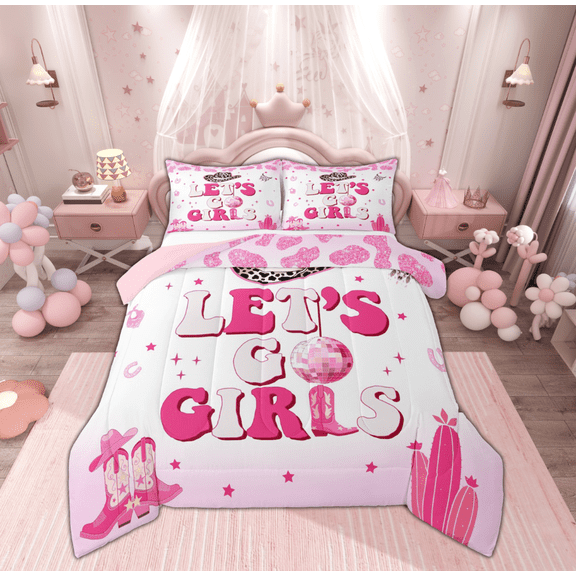 Feelyou Girly Pink Western Full Size Comforter Sets for Kids, Cowgirl Cowboy Bedding Comforter Set, Princess Cactus Boots Reversible Bedding Sets, Super Cozy Room Decor, 3 Pieces