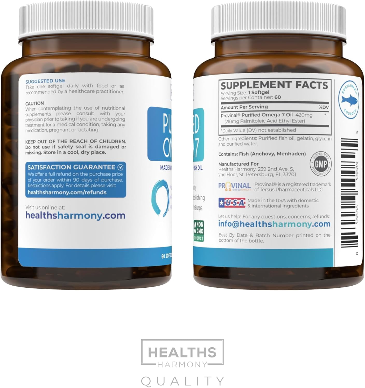 Healths Harmony Purified Healths Harmony Purified Omega 7 Provinal Peruv7 Fish Oil Supplement - Omega 7 (NON-GMO) 60 Soft-Gels All The Palmitoleic Acid Your Body Needs – High Potency One Month Supply