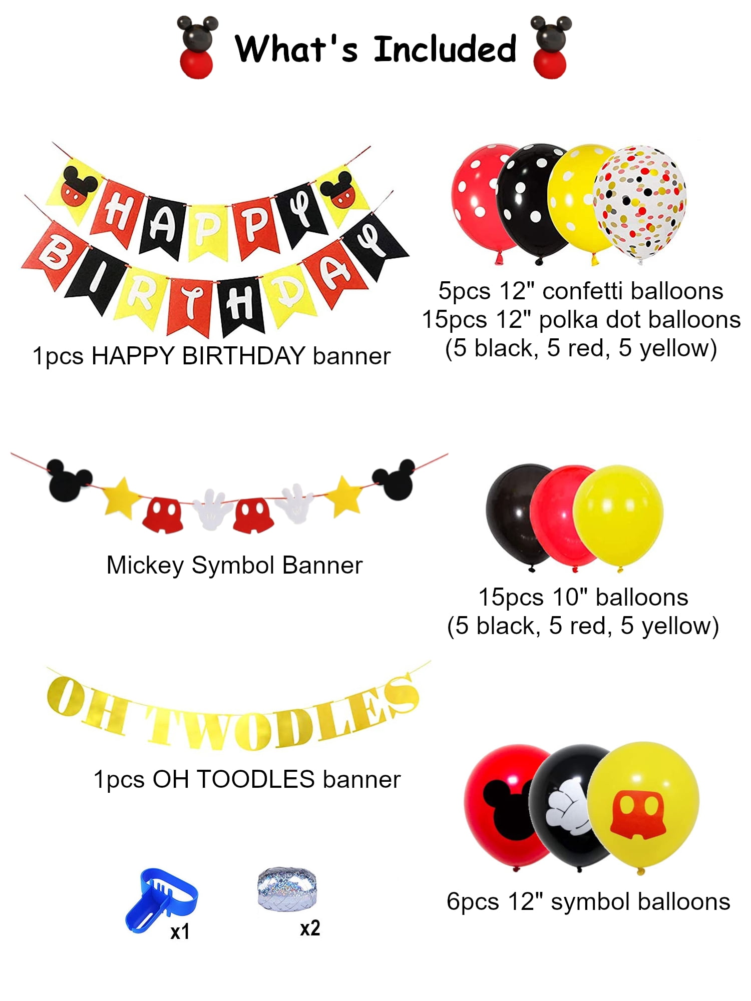 Mickey Theme 2nd Birthday Party Supplies with Oh Twodles Happy Birthday Banner Red Black Yellow Balloons for Birthday Party Decoration