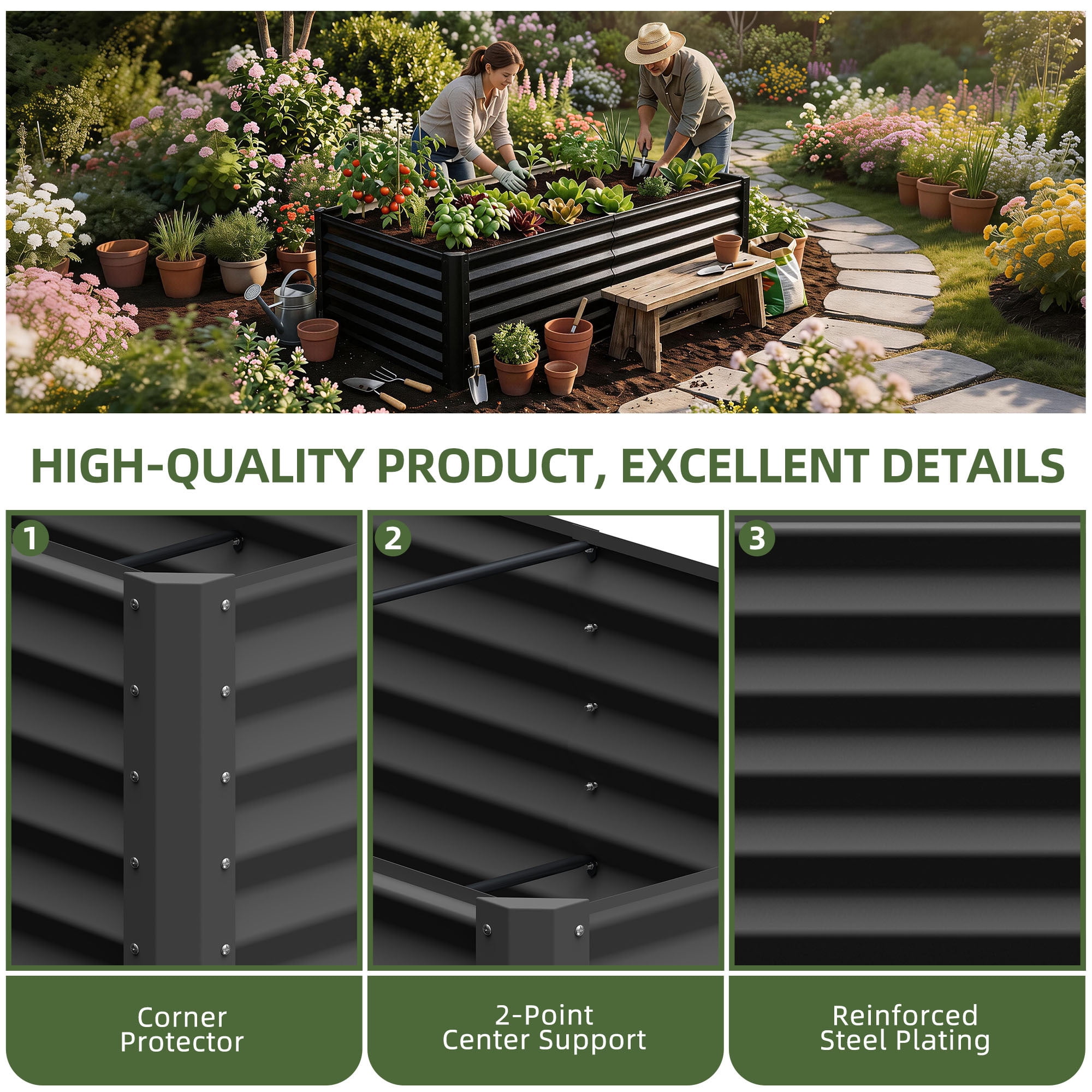 Uforic Galvanized Raised Garden Bed Kit, Metal Planter Box with Gloves, Metal Raised Garden Beds for Vegetables,Black,6x3x3ft