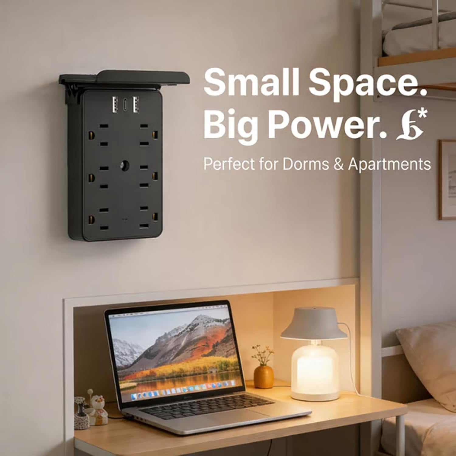 Multi-Functional Power Strip with Panel, 2026 New Wall Outlet Extender with Shelf, USB Ports + USB-C,for Homes Office and Dormitories