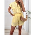 thumbnail image 4 of Women Summer Two Piece Outfits Short Sleeve Button Shirt Shorts Cute Sets Vacation Daily Wear Lemon Yellow L, 4 of 7