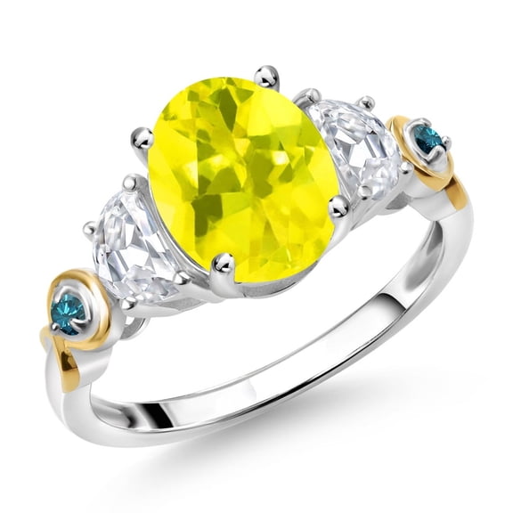 Gem Stone King 925 Silver and 10K Yellow Gold 3-Stone Ring Oval Canary Mystic Topaz and Moissanite (2.51 Cttw, Size 8)