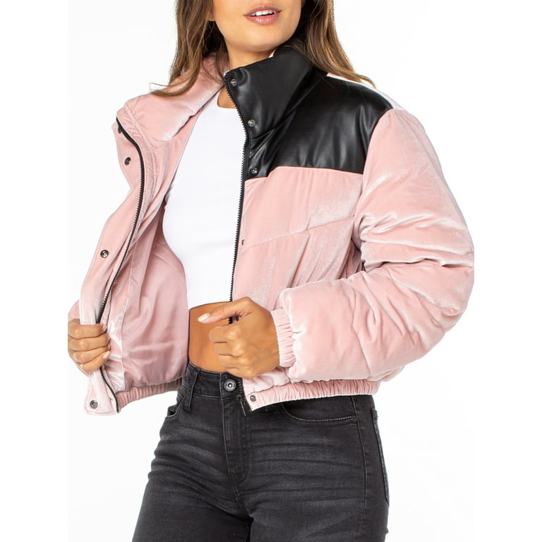 【I AM MARI】24FW★ Label Quilted Velvet Puff Jacket Celebrity Pink Velvet Crop Puffer Jacket for Women with Faux