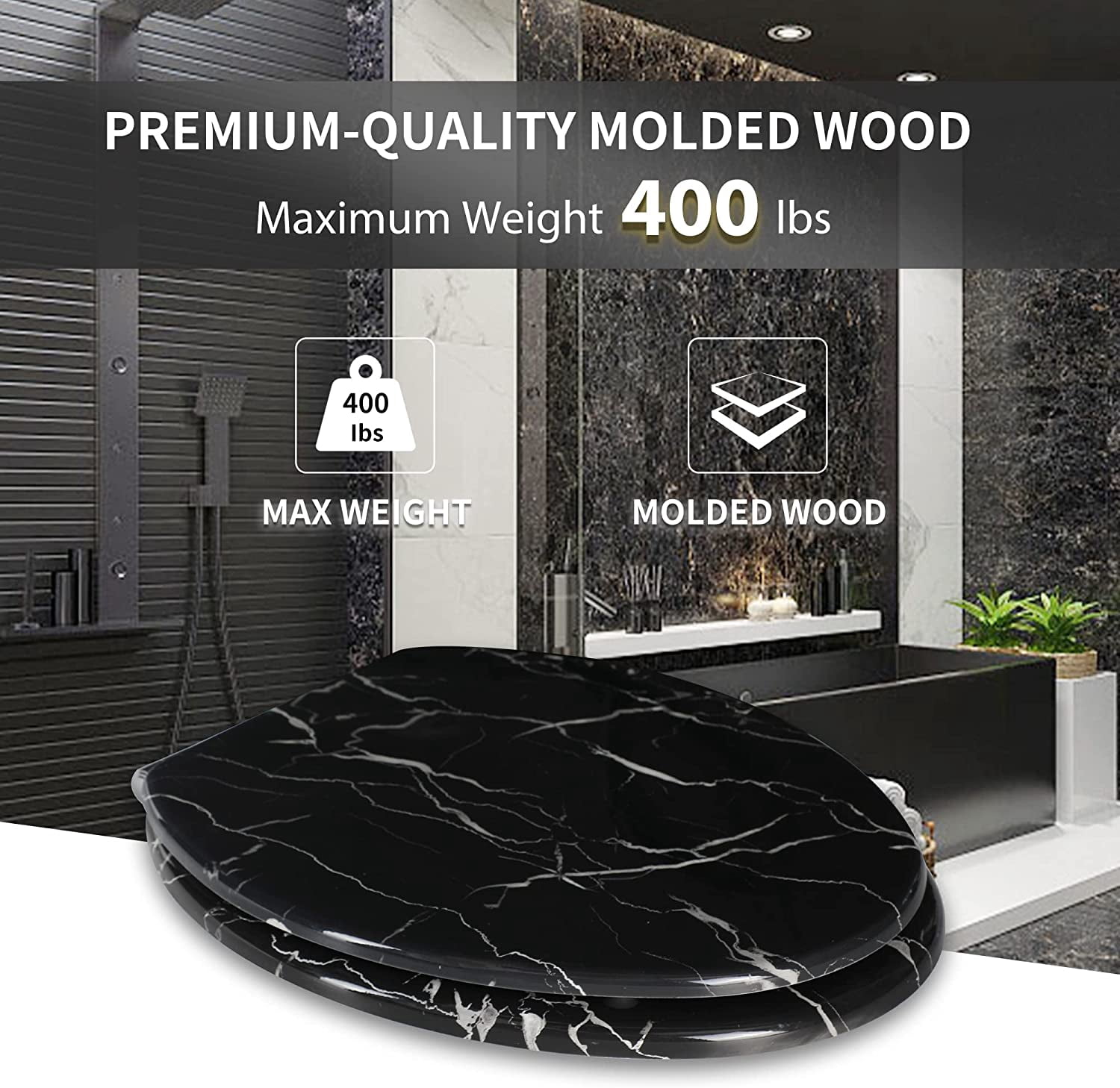 Marble Toilet Seat Durable Molded Wood with Quiet Close,Easy Clean，Quick-Release Hinges (Elongated,Black Marble)