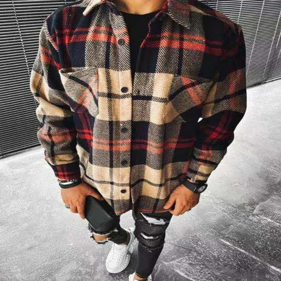 Meichang Flannel Shirts Men Big and Tall Plaid Outerwear Fall Button Down Shirt Jacket Classic Fit Long Sleeve Cardigan Jacket