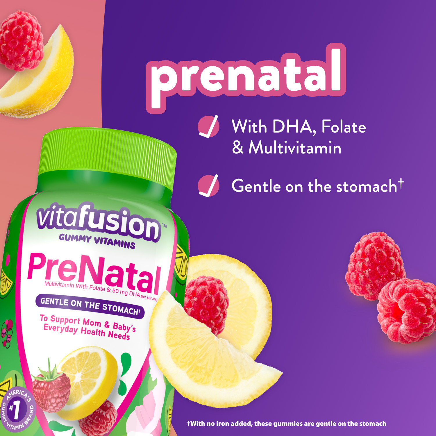 vitafusion PreNatal Gummy Vitamins, Raspberry Lemonade Flavored, Pregnancy Vitamins for Women, 90 Count - image 4 of 13