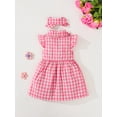 thumbnail image 3 of 2T Baby Girls Dress Toddler Girls Summer Plaid Dress 3T Girls Flying Sleeve Lapel Dress with Headband Pink, 3 of 7