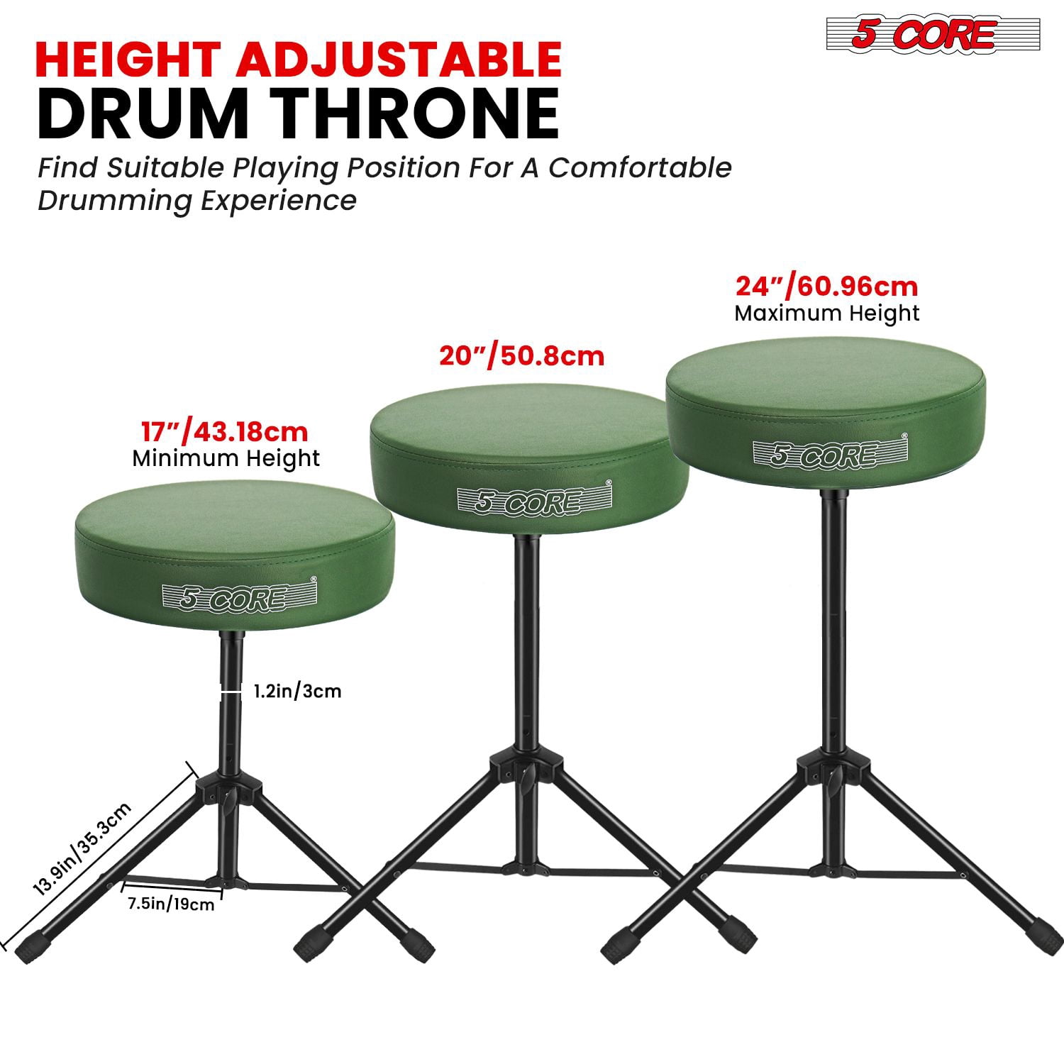 Adjustable Drum Throne Stool with 3" Thick Padding – Heavy-Duty 330 lb Capacity Guitar Seat for Adults & Kids, Anti-Slip Tripod Base