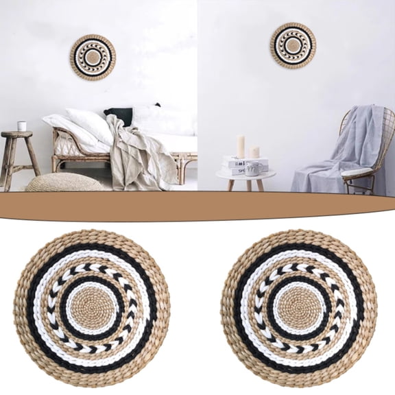 Wall Basket Decor Boho Wall Hanging Decor Rattan Wall Decor Flat Round Wicker Woven Macrame Tapestry Wall Basket Serving Tray Art Handmade Set For Room Bedroom Living Room,Boho Wall Hanging