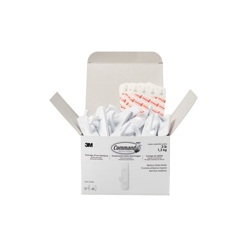 3M™ Command™ Utility Hooks, Medium, 5-5/8" x 3-13/16" x 5-1/8", White, Box Of 37 Hooks