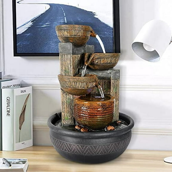 15.7''H 4-Tier Relaxation Indoor Tabletop Waterfall Fountain with LED Lights Desktop Fountains Calming Sound for Home Office Bedroom Decor (Brown, 15.7inch)