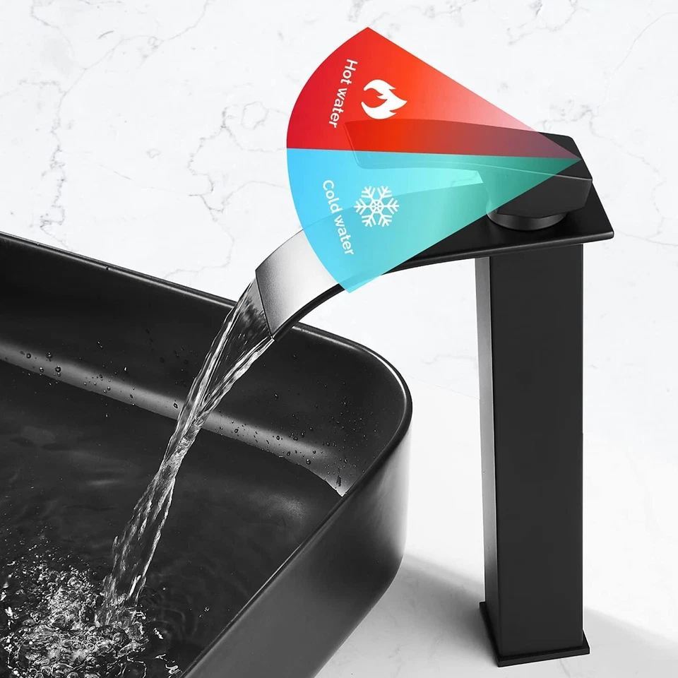Bathroom Vessel Sink Faucet Basin Waterfall Vanity Tap with Drain Black