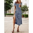 thumbnail image 3 of Navy And White Striped Short Sleeve Midi Dress With Side Slit Casual Womens Dress, 3 of 4
