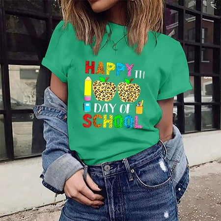 Kayannuo Blouses for Women Clearance Tee Shirts for Women Valentine's Day  Happy 100th Day Of School Women's Multi-color Short Sleeve T-shirt Graphic  Printed Tops 
