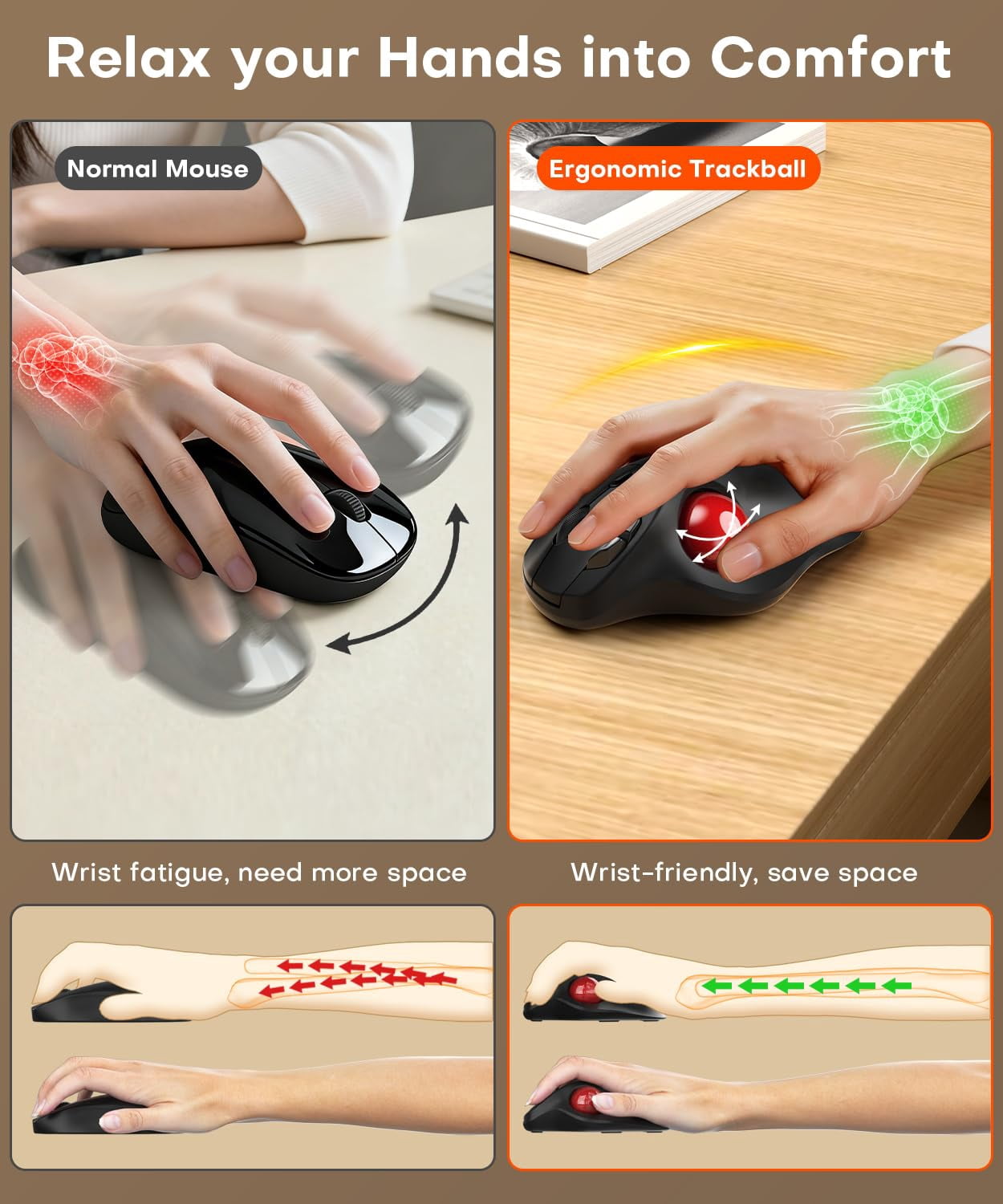 Wireless Trackball Mouse  3 Device Connection (bluetooth Or 2.4g Usb Receiver) Quiet Computer 2*aaa Thumb Laptop Mice With 5 Level Dpi For Pc/laptop/mac/windows Red